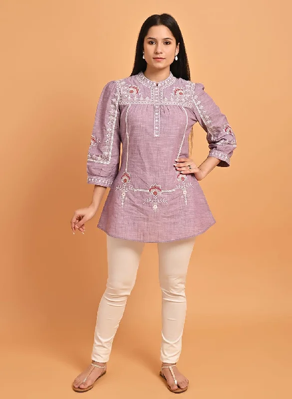 Women's Holiday Attire Lavender Embroidered Slub Tunic