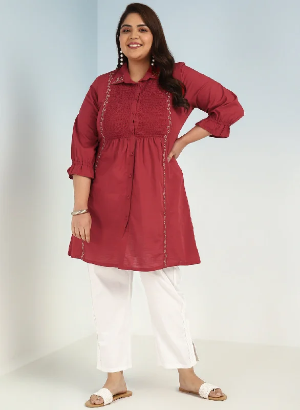 Women's Outfit Brick Red A Line Tunic with Smocking Front and Classic Collar