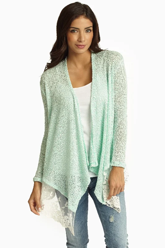 Comfortable Women's Clothes Mint Green Knit Lace Trim Cardigan