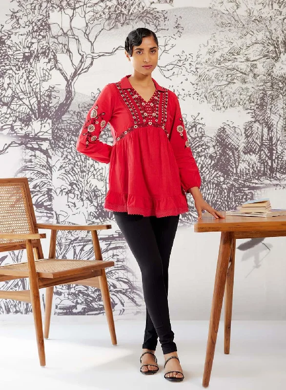 Women's Transitional Outfit Red Thigh-length Boho Tunic with Collar and Full Sleeves