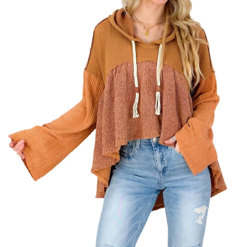 Women's Evening Wear Hi Lo Knit Hoodie Top In Toffee