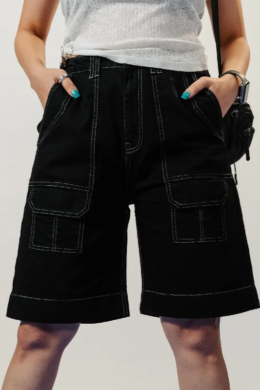 Women's Clothing Online Sale Contrast Stitch Curve Black Shorts