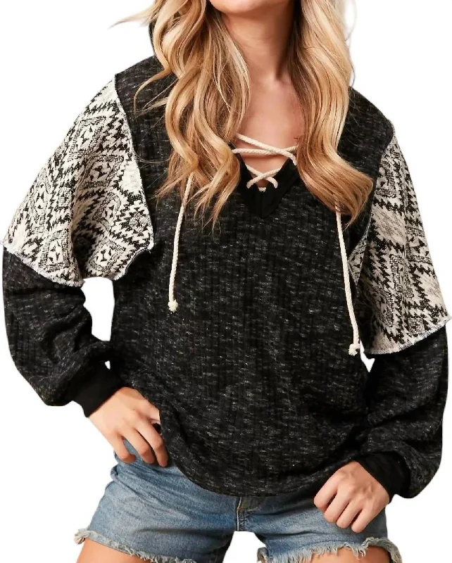 Plus Size Women's Fashion and Clothing Lace Up Hoodie With Aztec Sleeves In Black