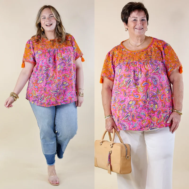 Seasonal Sale Sweet And Charming Paisley Print Top with Orange Floral Embroidery in Pink