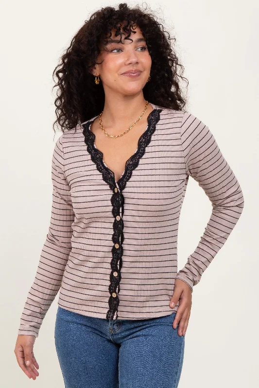 Women's Elegant Apparel Mocha Striped Ribbed Long Sleeve Lace Detail Button Down Cardigan