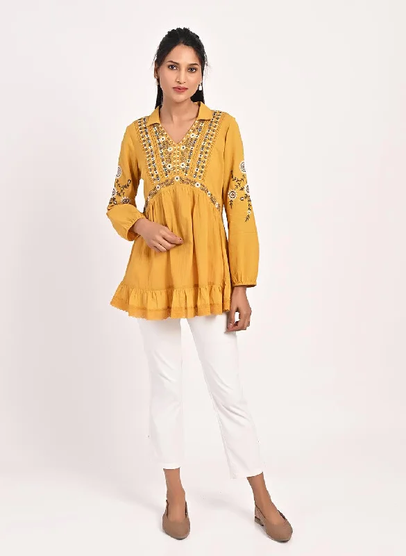 Women's Attire Mustard Thigh-length Boho Tunic  with Collar and Full Sleeves