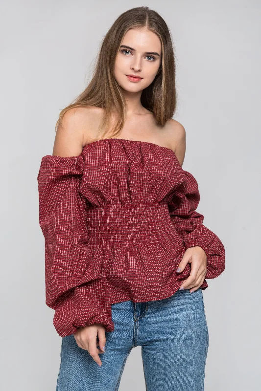 Women's Stylish Outerwear Red Check Smocked Waist Off The Shoulder Top