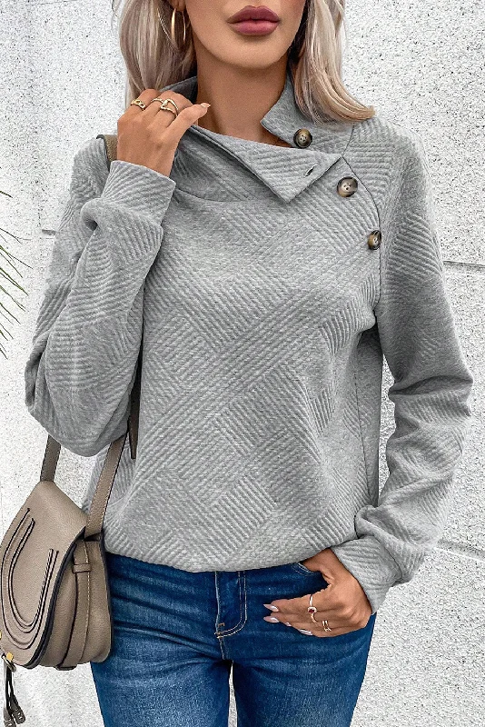 Affordable Women's Apparel Asymmetric Buttons Detail High Neck Textured Sweatshirt