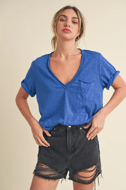 Stylish Women's Garments For Holidays Cobalt V-Neck Short Sleeve Top