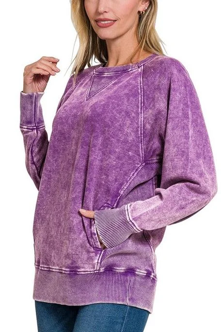 Casual Fashion Purple Mineral Wash Pocket Sweatshirt