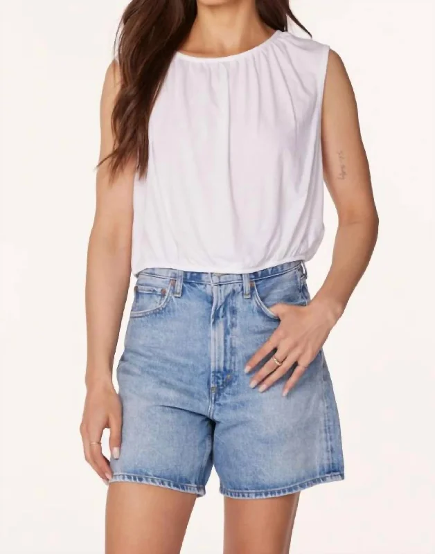 Clothing Sales Shirred Neck And Hem Sleeveless Tee In White