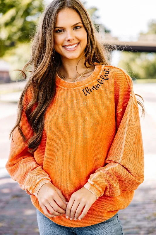 Women's Casual Attire Thankful Burnt Orange Corded Embroidered Sweatshirt