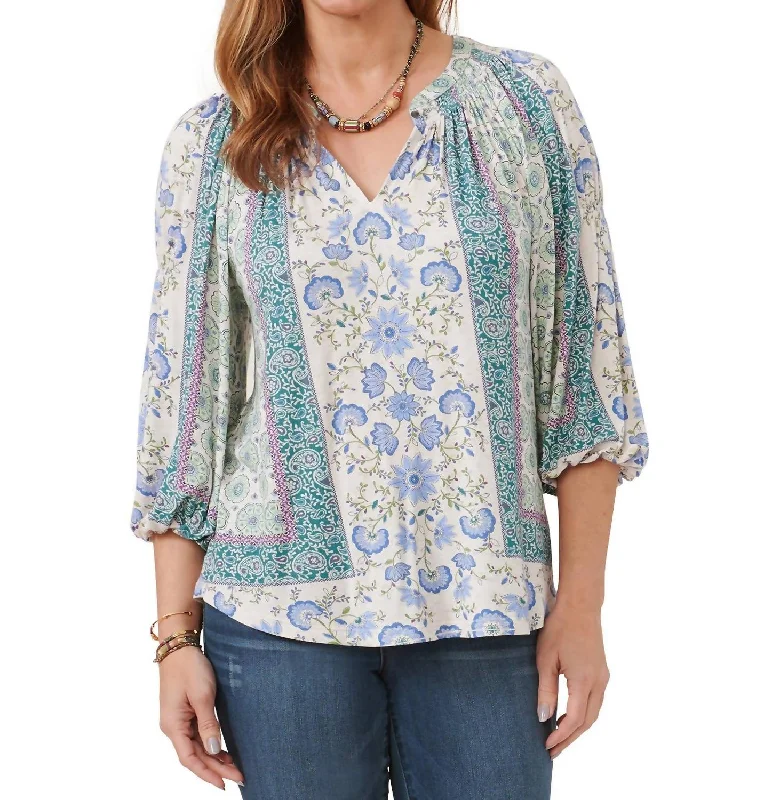 Women's Stylish Casual Garments Split Neck Top In Blue Green Multi