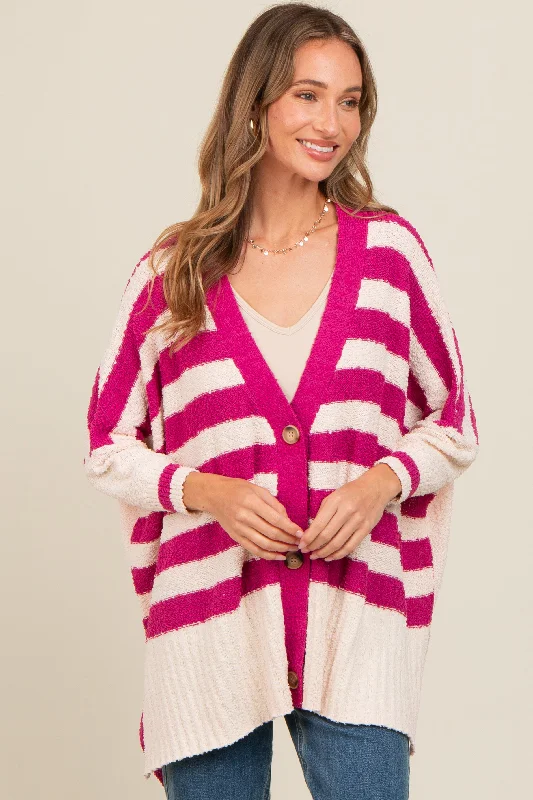 Eclectic Fashion Magenta Textured Knit Striped Oversized Cardigan