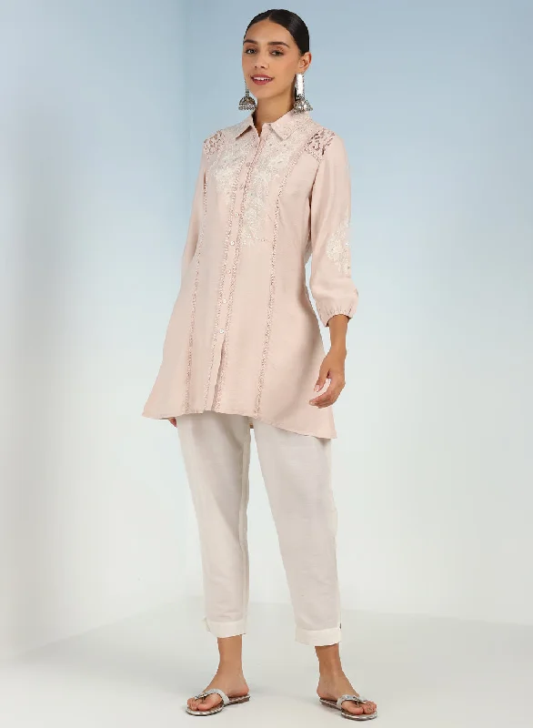 Women's Relaxed Outfit Pink Collared Tunic for Women with Puffed Sleeves