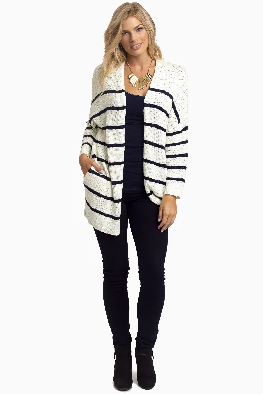 Stylish Women's Apparel Ivory Navy Striped Knit Cardigan