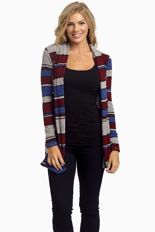 Casual Wear Blue Burgundy Striped Knit Cardigan