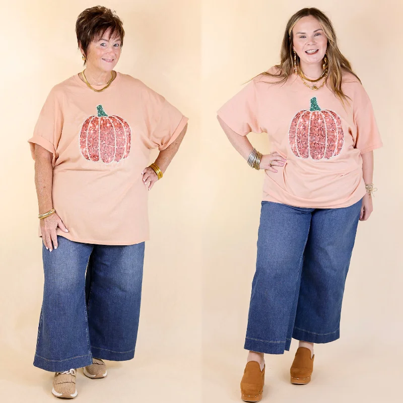 Women's Online Boutique Sparkly Pumpkin Short Sleeve Faux Sequin Graphic Tee in Dusty Coral Orange