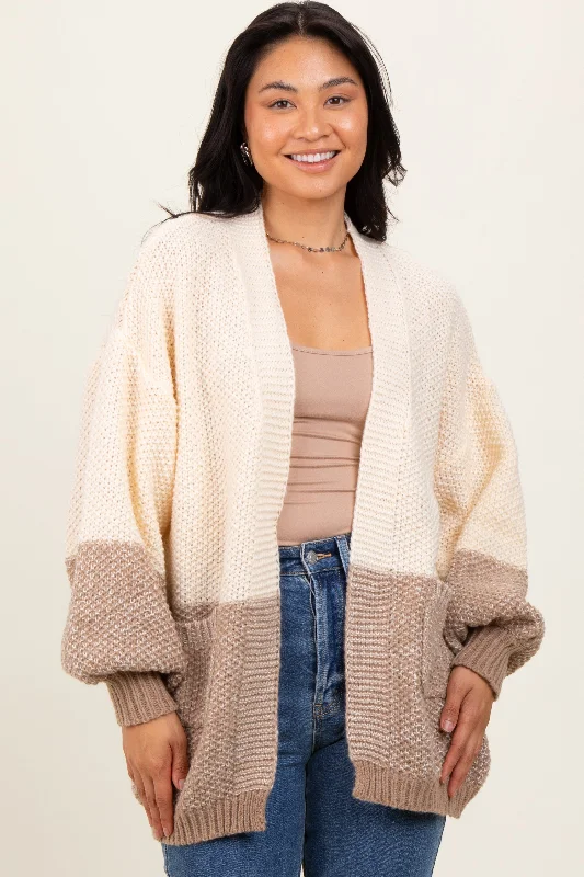 Relaxed Style Cream Colorblock Bubble Sleeve Knit Cardigan