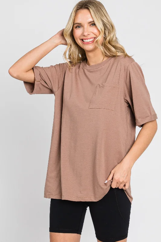 Women's Sports Apparel Mocha Oversized Front Pocket Cuffed Short Sleeve Top