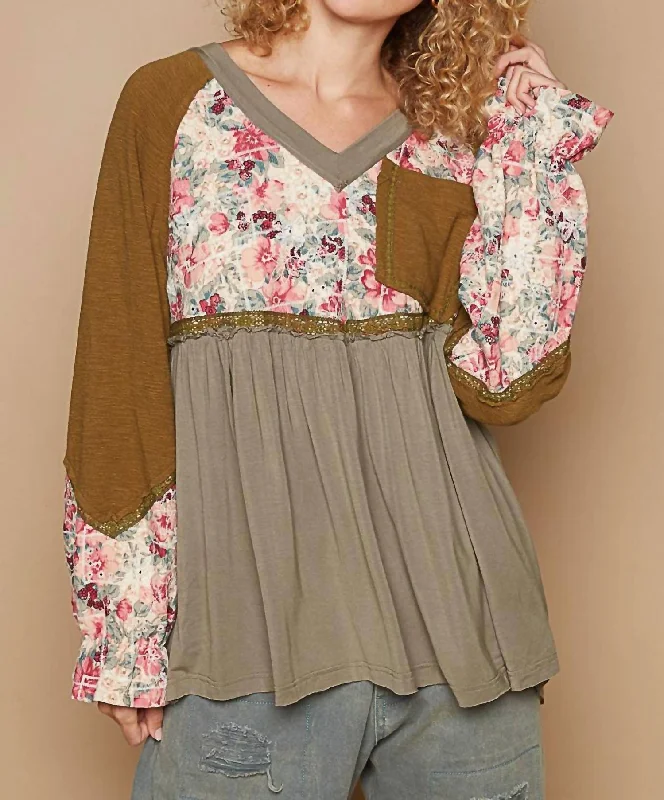 Elegant Styles Babydoll Floral Top In Olive Multicolor