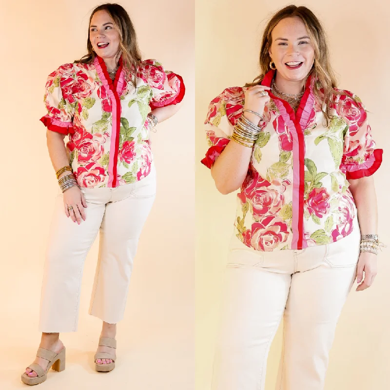 Women's Plus-Size Apparel Endless Elegance Ruffled V Neck Floral Print Top in Off White and Pink