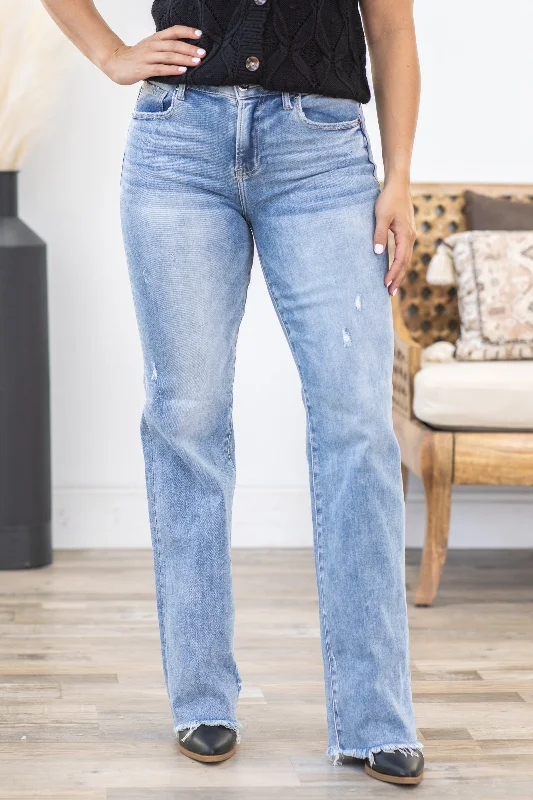 Women's Clothing Sale Online Risen Light Wash Long Straight Jeans Fray Hem