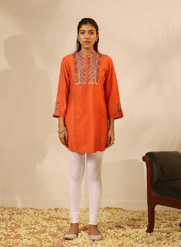 Women's Work Outfit For The Office Orange Collared Tunic with Intricate Embroidery and Bell Sleeves