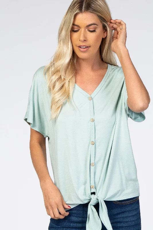 Premium Fashion Mint Tie Front Short Sleeve Top