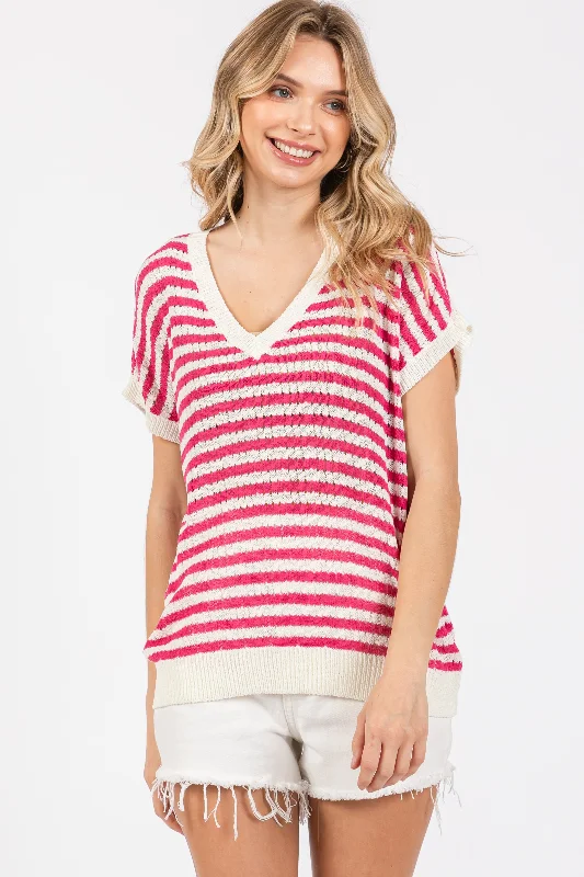 Women's Holiday Apparel Fuchsia Striped Knit V-Neck Short Sleeve Top