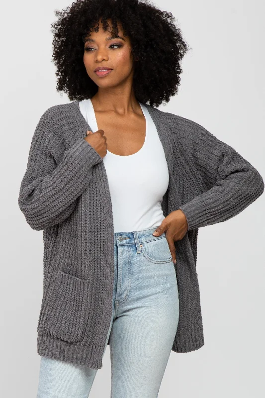 Women Fashion Charcoal Ribbed Cable Knit Cardigan