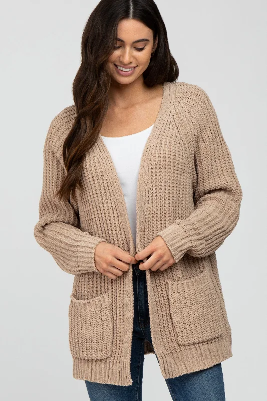 Women's Clothes Taupe Ribbed Cable Knit Cardigan