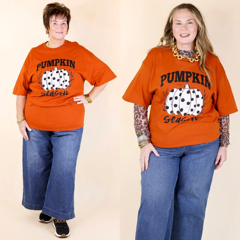 Women's Online Clothing Boutique Polka Dot Pumpkin Season Short Sleeve Graphic Tee in Burnt Orange