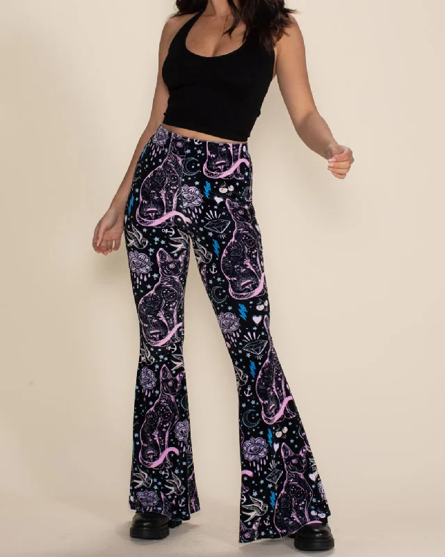 Trendy Women's Dresses Online Women's Velvet Flare Pant | Black and Pink Sailor Kitty