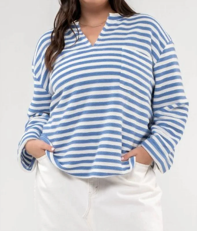 Women's Trendy Attire Striped Split Neck Back Button Knit Top - Plus In Blue