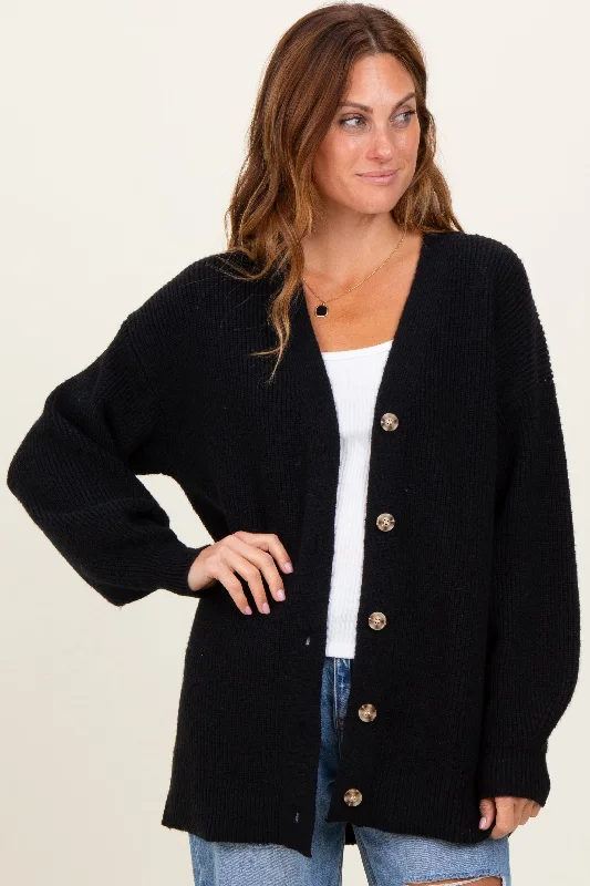 Elegant Clothing Black Knit Oversized Button Down V-Neck Cardigan