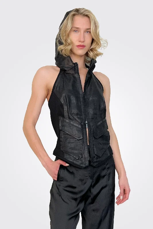 Versatile Women's Clothing for All Occasions Open Back Hooded Vest - Coal