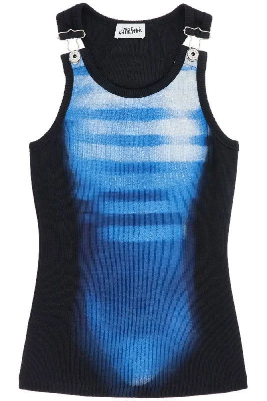 Flash Sales Today Jean Paul Gaultier Women's Sleeveless blue Cotton Striped Top Le Male With Wide Neckline