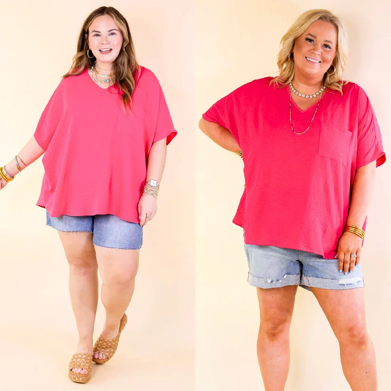 Elegant Clothing Try To Resist Short Sleeve V Neck Top with Front Pocket in Hot Pink