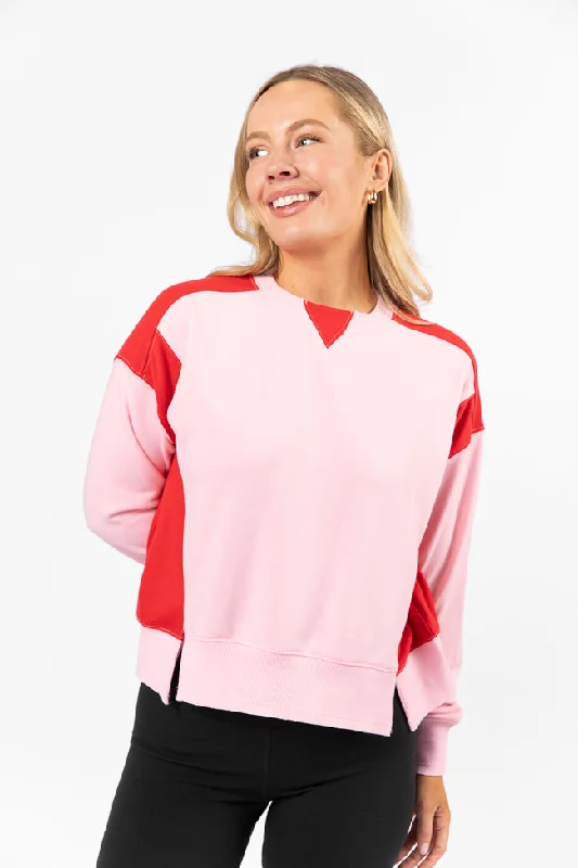 Chic Casual Style Far Between Pink and Red Contrast Trim Crew Neck Sweatshirt