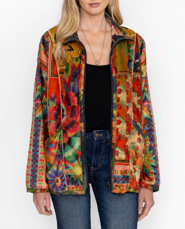 Laid-Back Elegance Joan Zip Reversible Sherpa Jacket - Tie Dye Scarf Print