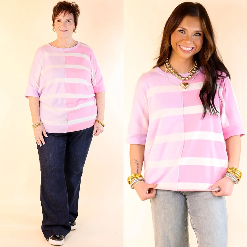 Women's Athletic Outfit Urban Chic Color Block Striped Knit Top in Purple and Pink