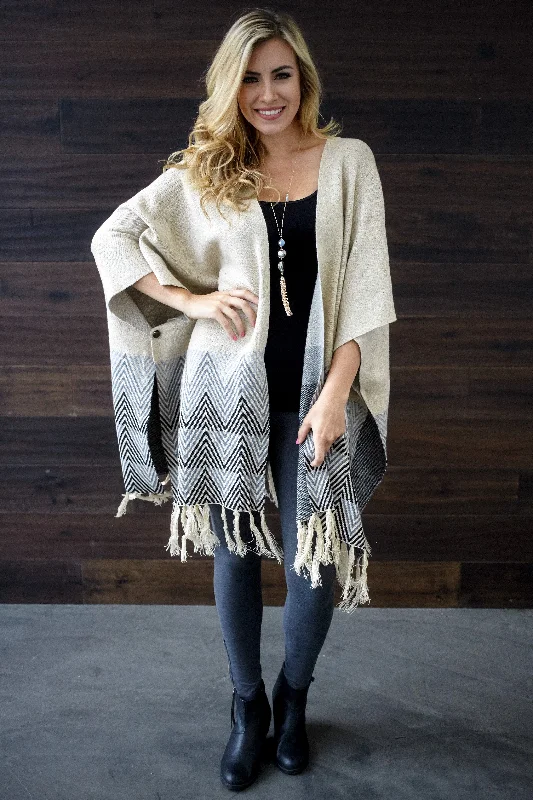 High End Fashion Beige Chevron Border Fringe Knit Cardigan