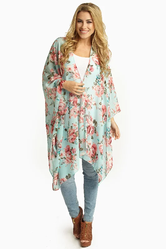 Sustainable Women's Apparel Aqua Pink Floral Sheer Maxi Cardigan