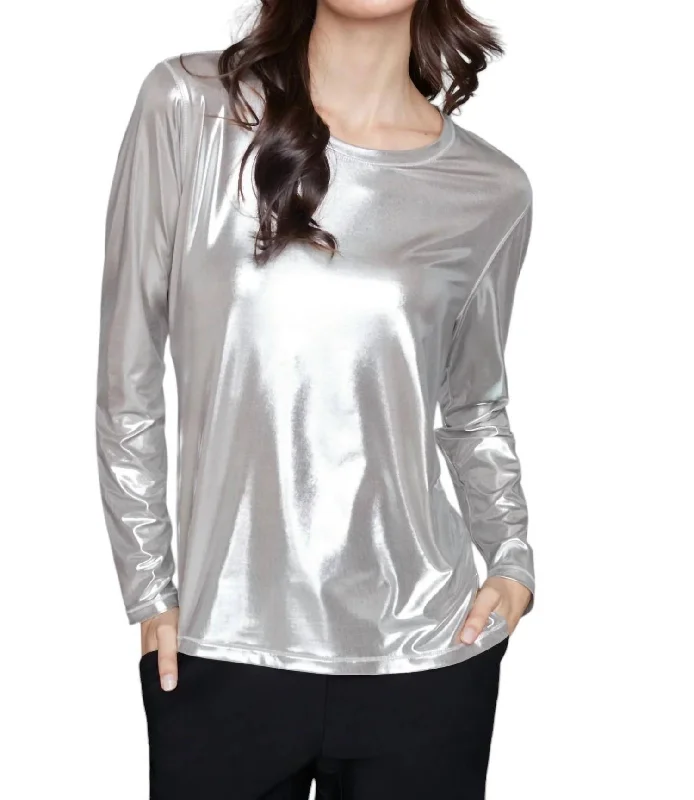 Women's Relaxed Outfit Metallic Long Sleeve Knit Top In Silver