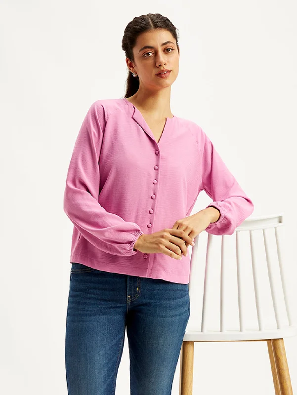 Online Boutiques Women's Textured Pink Mock Neck Top