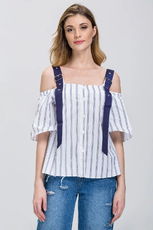 Designer Women's Fashion Online White Blue Belt Strap Stripe Off-The-Shoulder Top