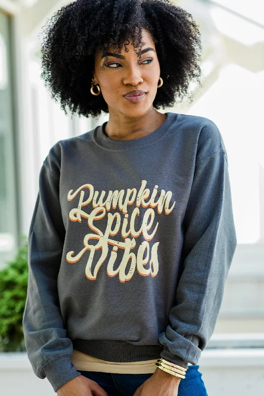 Women's Outerwear Attire Pumpkin Spice Vibes Charcoal Gray Graphic Sweatshirt