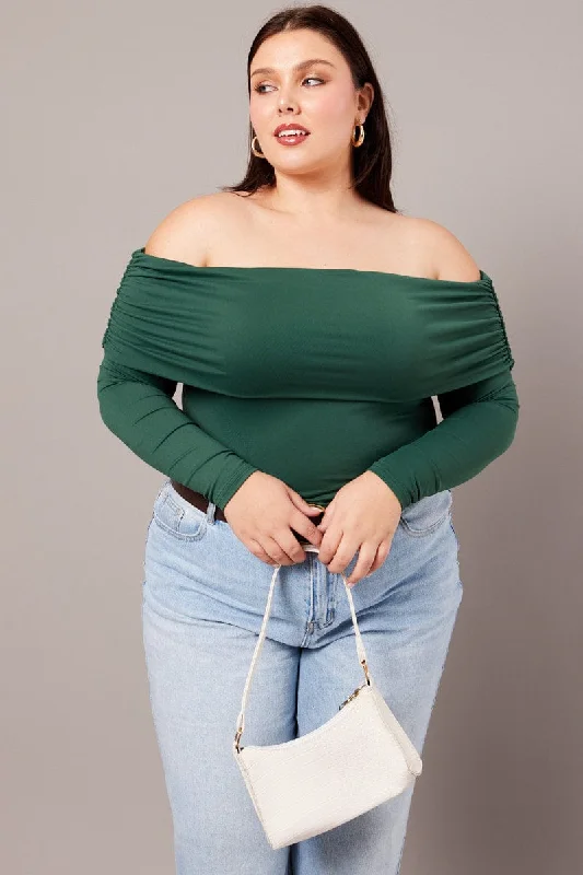 Sale On Clothing Green Off Shoulder Top Long Sleeve Supersoft