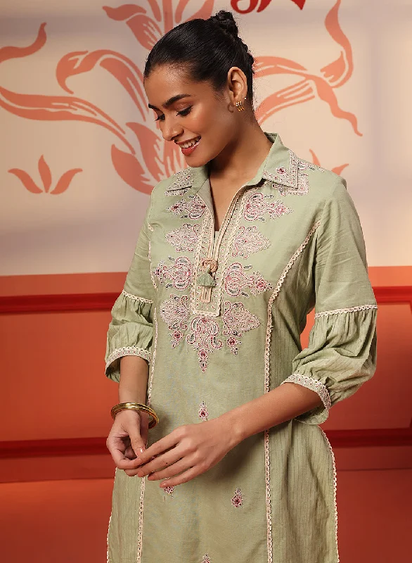 Chic Women's Outfit Hayaat Basil Green Embroidered Cotton Linen Tunic for Women